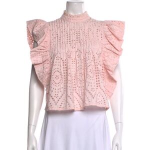 Ganni Ruffled Eyelet Blouse - Light Pink (size 38)